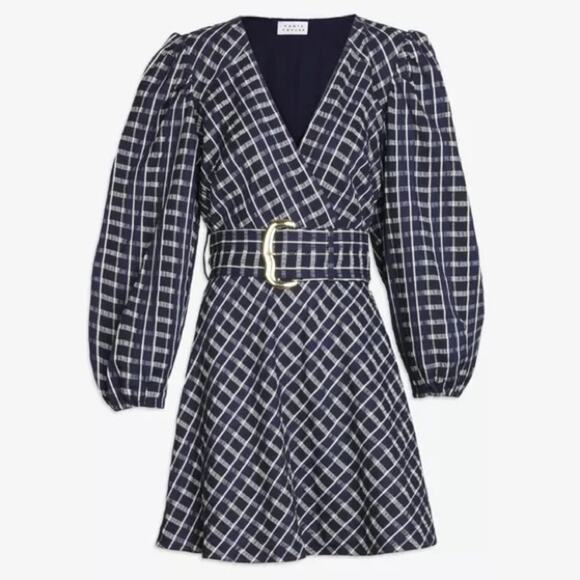 TANYA TAYLOR Nicola Mini Dress Navy White Check Puff Sleeve Fit & Flare Belt NEW - Picture 3 of 9